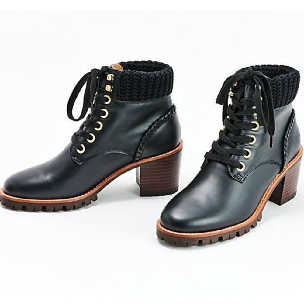 Jack Rogers black Leather Lace Up Hiker Knit Boots size 9 NWT 3” heel